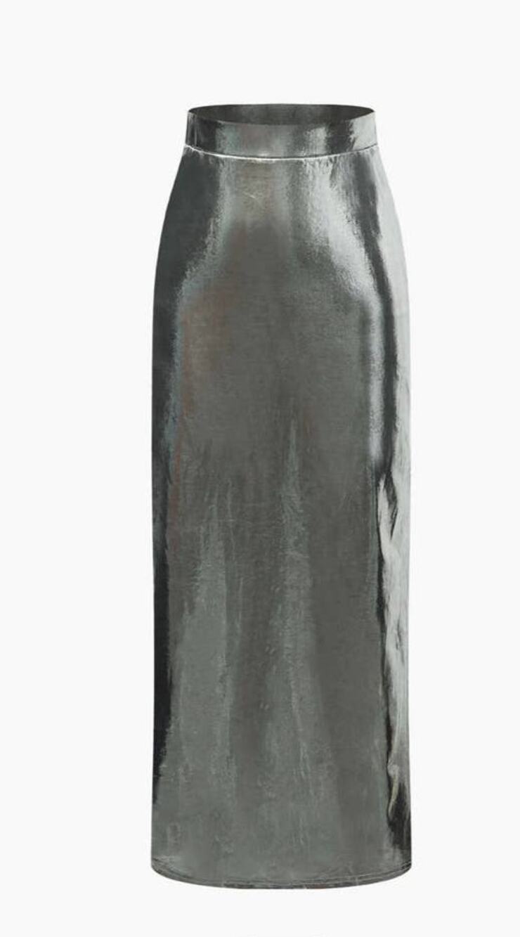 Micas High Waisted Gunmetal Liquid Metallic Maxi Skirt - S